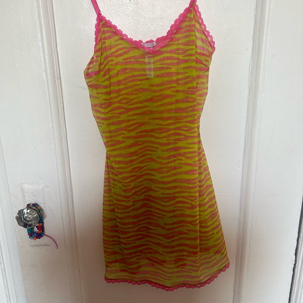 Savage X Fenty Pink and Yellow Chemise with Lace Trim